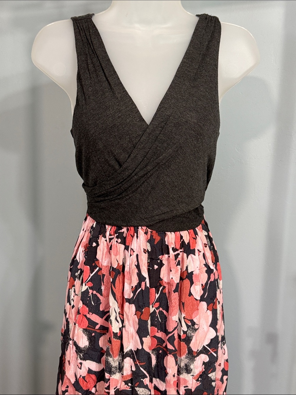 LOFT Black Wrap Bodice Floral Midi Dress
